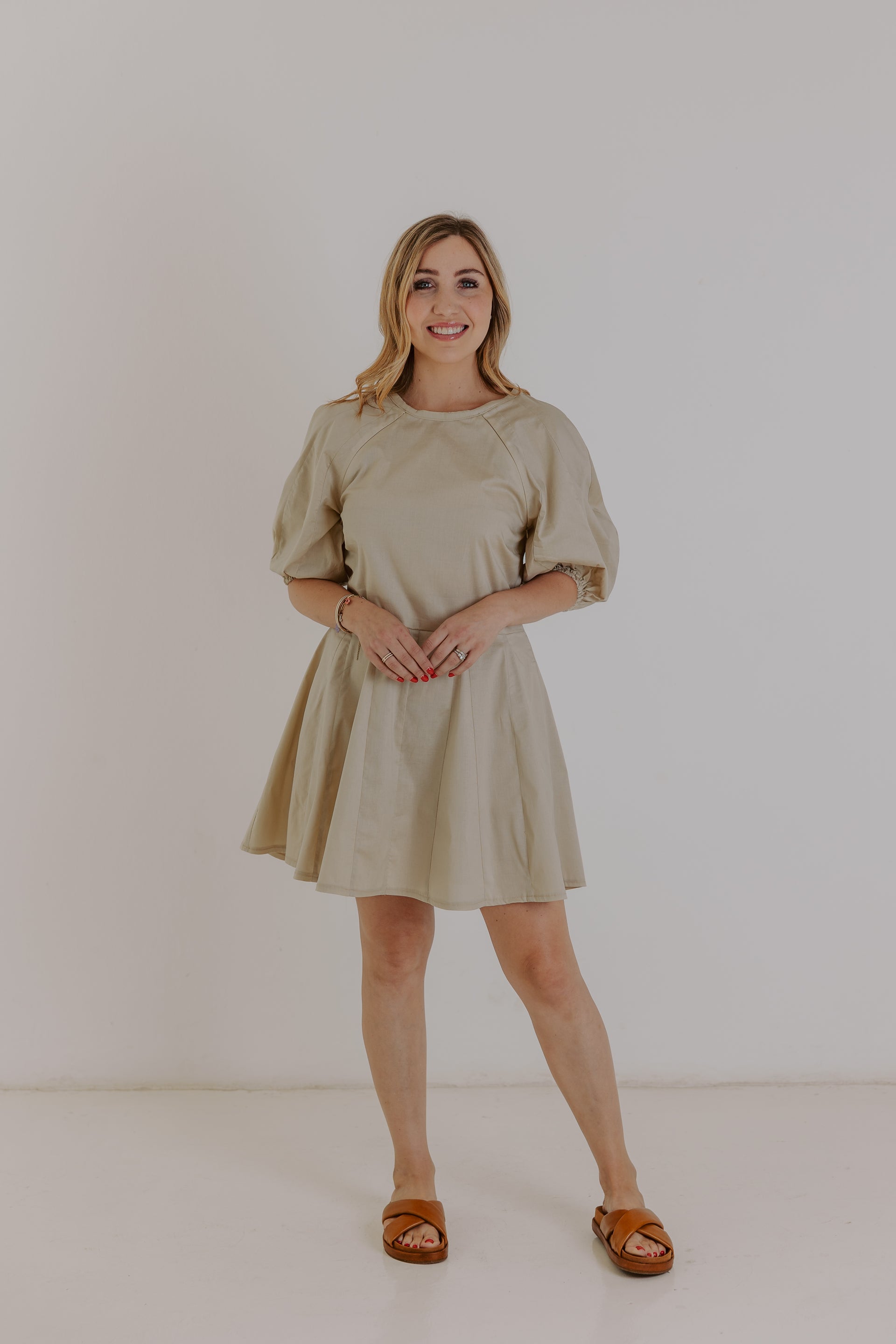 Puff Sleeve Dress Beige  Momsy