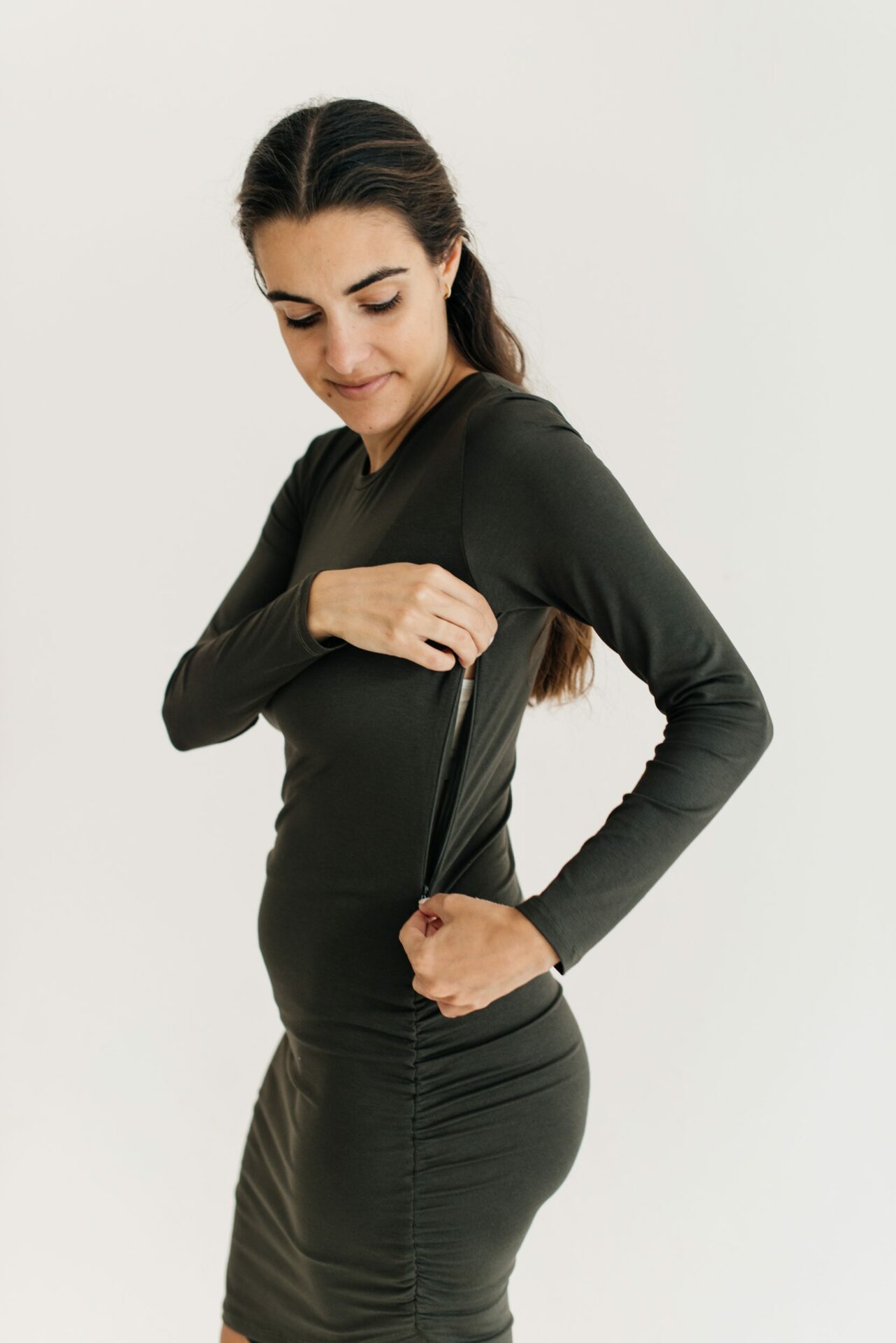 Buy Ruche Dress Long Sleeve Olive - Momsy Maternity, Nursing, & Womenswear