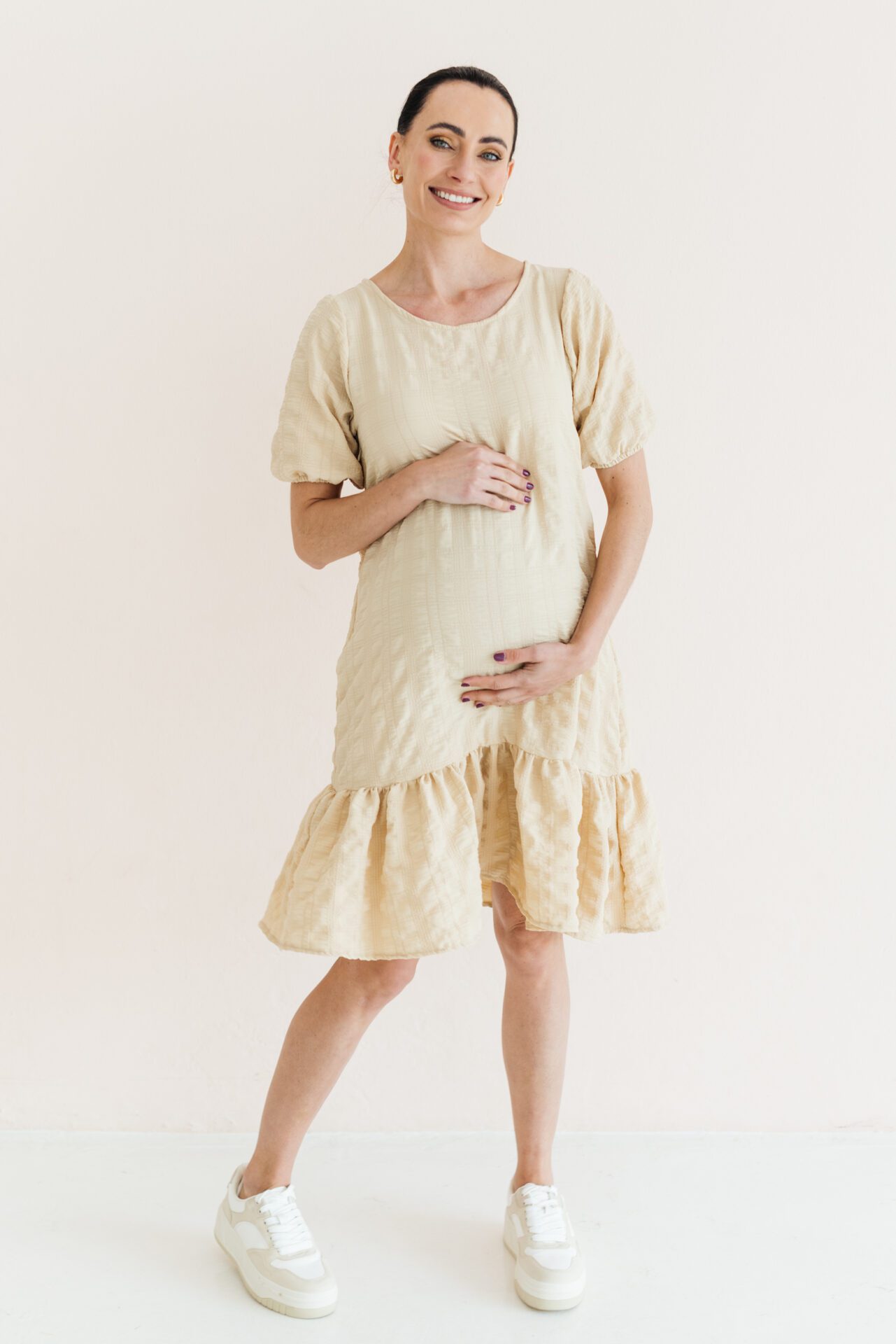 Buy Short Puff Sleeve Dress Sand - Momsy Maternity, Nursing, & Womenswear